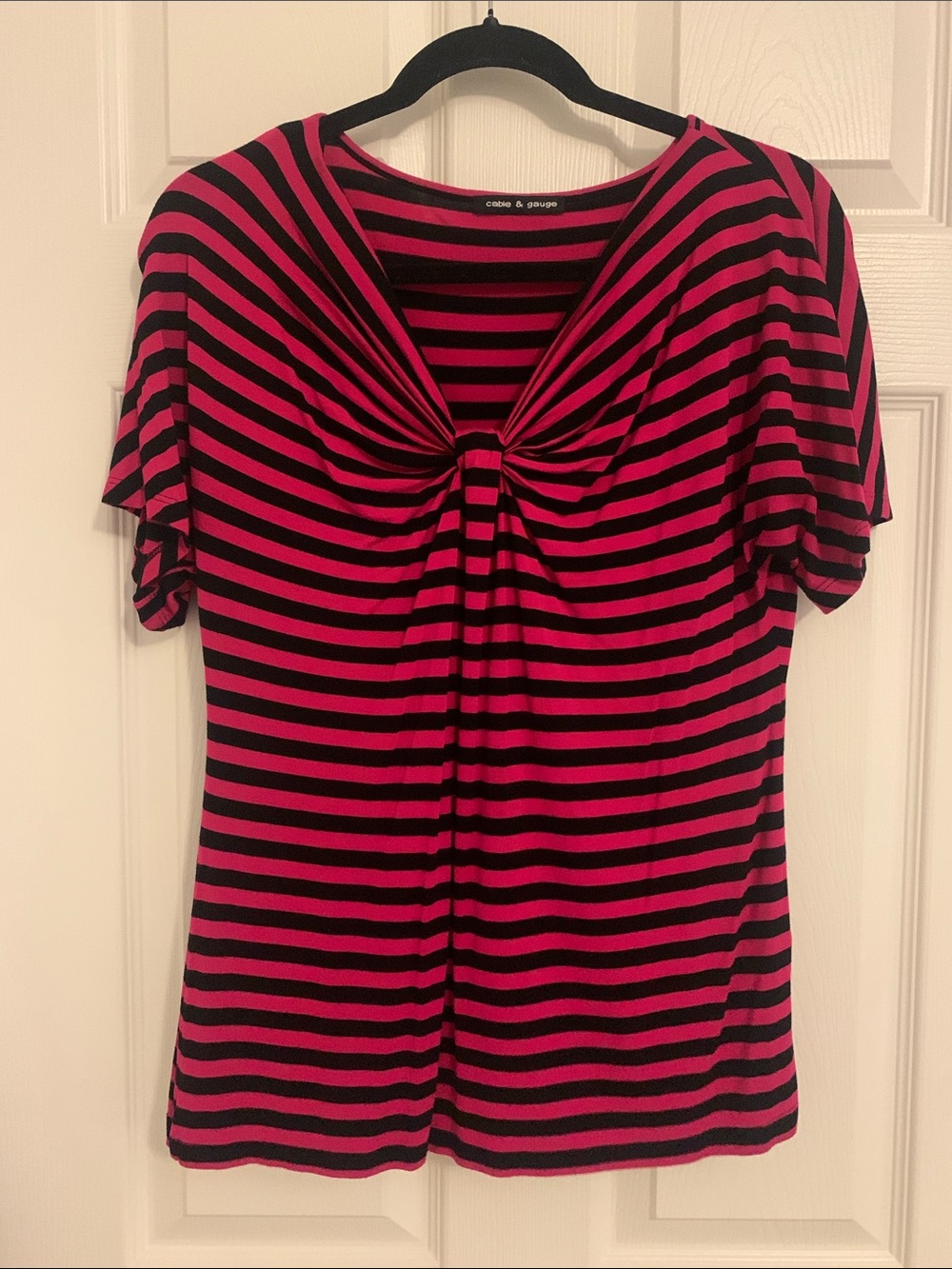 Cable & Gauge Hot Pink and Black Striped Twist-Front Short Sleeve Tee